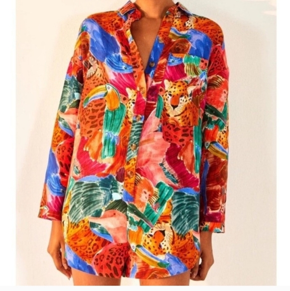 Farm Rio Linen Romper Play shorts Animal Painting Print Tropical Pockets XS - Picture 1 of 10